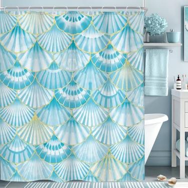 Imagem de Riyidecor Cortina de chuveiro marítima náutica costeira praia, oceano, mar, simples, azul-petróleo, ombré, estética, contemporânea, 152 cm L x 182 cm A, tecido dourado em forma de leque, decoração de