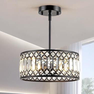 Imagem de Wuhuyipi Luzes de teto de cristal luminária de teto moderna de 30 cm com montagem semiembutida, lustre preto rústico para banheiro, corredor, entrada, cozinha, sala de jantar, sala de estar, hall de