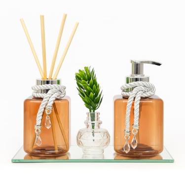 Imagem de Kit Lavabo Turmalina PET 200ml para Difusor, Saboneteira e Aromatizador com Bandeja Espelhada(PRETO,ÂMBAR)