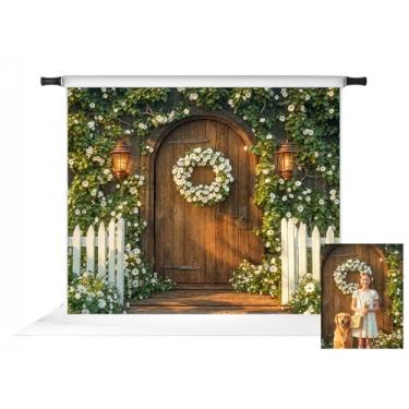 Imagem de Kate Pano de fundo de jardim de primavera para fotografia, porta de madeira, flores brancas, decoração de fundo, adereços de foto 3 x 2,4 m