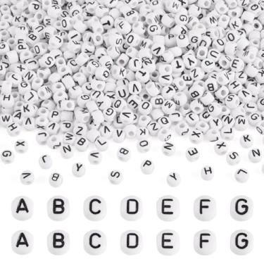 Imagem de Magibeads 1140 peças de contas brancas de acrílico 6 x 5 mm com furo grande contas europeias pretas aleatórias alfabeto pequenas contas Kandi iniciais para artesanato, pulseiras da amizade, chaveiro