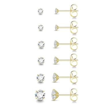 Imagem de Conjunto de 3 a 5 pares de brincos quadrados para homens e mulheres, brincos de zircônia cúbica transparente preenchidos com ouro 14 K, hipoalergênicos, de aço cirúrgico, com costas planas para