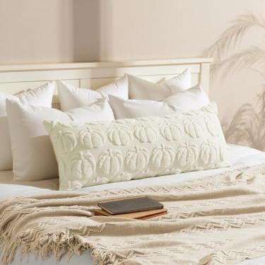 Imagem de MIULEE Capa de almofada de outono 35,5 x 91,5 cm de corpo longo para decoração de outono lombar creme branco com detalhe de abóbora para varanda ao ar livre sofá cama sala de estar pelúcia pele