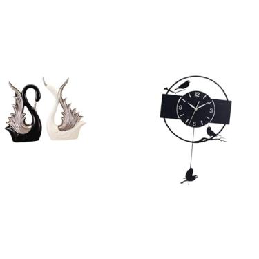Imagem de Whtkoph Escultura de Cisne em Cerâmica E Relógio de Parede com Pássaros - Arte Minimalista - Ornamento Decorativo em Acrílico para Sala de Estar - Decoração D