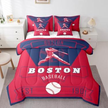 Imagem de Feelyou Conjunto de edredom de beisebol com 7 peças, tamanho King, Boston, para crianças, meninos, meninas, beisebol, cidade, decoração de quarto de jogos, microfibra leve e macia