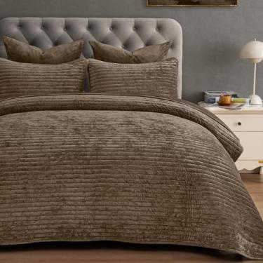 Imagem de PHF Conjunto de colcha de veludo de luxo King Size – 3 peças ultramacias com canal listrado, colcha acolchoada aconchegante, alternativa, 1 colcha com 2 fronhas combinando, 274 cm x 233 cm, filhote