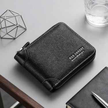 Imagem de Carteira universal de luxo preta portátil magnética de couro genuíno com sensação de couro legítimo, design portátil de luxo com fecho magnético, granulação cruzada, sensação de couro