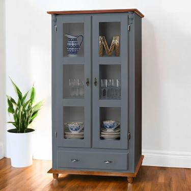 Imagem de Cristaleira De Madeira 1 Gaveta 2 Prateleiras Pés Torneados - Cinza Laca Com Tampos E Base Imbuia Glazer