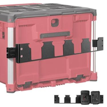 Imagem de Suporte de bateria de 4 compartimentos compatível com bateria Milwaukee M18, organizador lateral com suporte de bateria Milwaukee com clipes de trilho para sistema de empacotamento, montado na caixa
