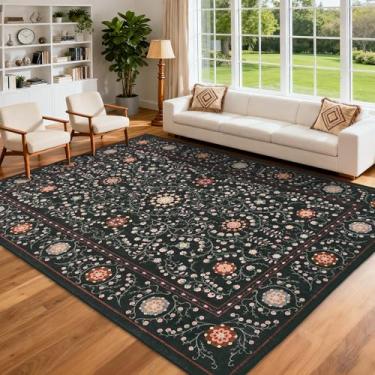 Imagem de GarveeHome Boho Tapete de área 12 x 18 cm para quarto, tapetes florais vintage para sala de estar com pelo baixo macio, antiderrapante, botânico, lavável, 12 x 18 cm, para sala de jantar, tapete preto