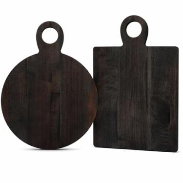 Imagem de Yiyiring Tábua de corte de madeira de acácia com alça de 40,6 cm tábua de cortar charcutaria quadrada e redonda para pizza, queijo, carne, bandeja decorativa de madeira preta para cozinha e sala de