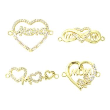 Imagem de LiQunSweet 4 peças, 4 estilos, zircônia cúbica de latão, cor dourada, amuletos para mãe, coração, palavra, mamã, conector para joias, pulseira, colar, brinco, bolsa, chaveiro, decoração