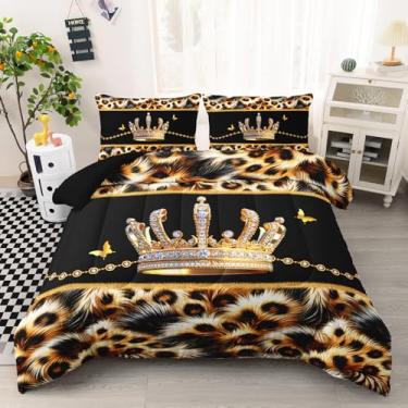 Imagem de AILONEN Conjunto de edredom Queen com coroa de diamante - Conjunto de cama com estampa de leopardo preto dourado para meninas e mulheres - Edredom de coroa dourada e borboleta com 2 fronhas - 3 peças
