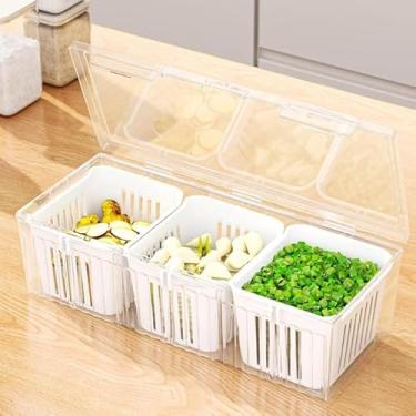 Imagem de Caixa de armazenamento multifuncional 3 em 1 para geladeira com tampa – à prova de poeira, 3 grades de drenagem, recipiente de armazenamento de frutas dividido, portátil, cesta de armazenamento de