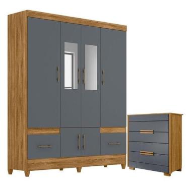 Imagem de Guarda Roupa Casal MS912 com espelho e Cômoda Dhara Freijó Cinza  Mova