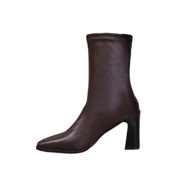 Imagem de Botas femininas casuais de inverno, design reto curto plus size com bico sólido e salto médio, Café, 35