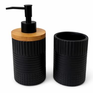 Imagem de Porta Sabonete Líquido Dispenser Porta Escovas Banheiro Lavabo de Cerâmica (Preto Bambu Abstrato)