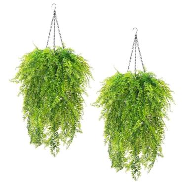 Imagem de Zythrem 2 peças de plantas falsas penduradas artificiais, samambaias penduradas ao ar livre com samambaias boston, cestos pendurados em forma de cone, samambaias artificiais resistentes a UV para