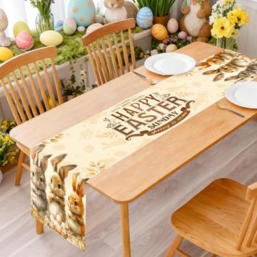 Imagem de Caminho de mesa de Páscoa, pintura a óleo, coelhos e textos, padrão de mesa, casa de fazenda decorativa rústica suprimentos de cozinha de primavera para jantar, decoração de festa de celebração de