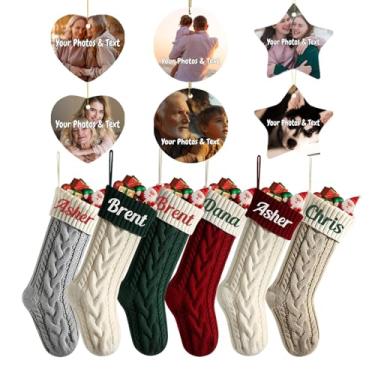 Imagem de Pacote de decorações de Natal personalizadas de 12 peças: meias de família personalizadas com ornamentos de fotos correspondentes para decoração de parede de árvore e casa
