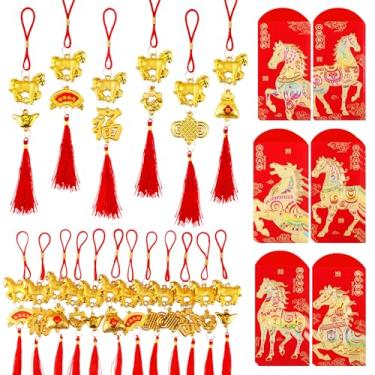 Imagem de HOWAF 24 peças de decorações de ano novo chinês 2026, ornamentos da sorte do ano do cavalo com envelopes vermelhos, pingente de nó da sorte para pendurar na parede para o ano novo lunar 2026, conjunto