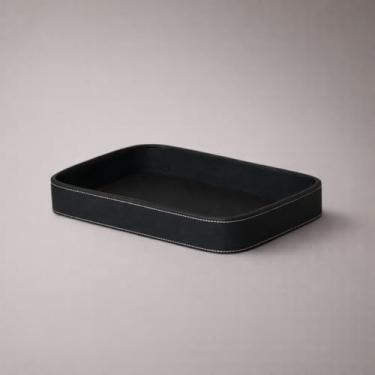 Imagem de Bandeja Decorativa de Couro Sintético, Preta, 36 x 24 x 5 cm, Design Elegante com Costura Contrastante