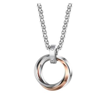 Imagem de Colar masculino com 3 anéis redondos com pingente de aço inoxidável para mulheres, acessórios de corrente de cor prata versáteis, Dourado, One Size