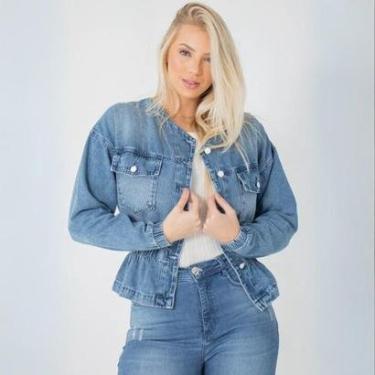Imagem de Jaqueta Feminina Jeans Punho e Cintura Elástica Bolso Frontal Botão-Feminino
