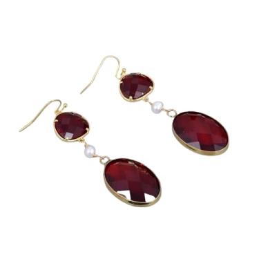 Imagem de Brincos femininos de gancho de cristal vermelho pérola redonda branca cultivada joia de presente