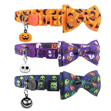 Imagem de PUPTECK Coleira de Halloween para gatos com sino Breakaway 3 pacotes, coleira de gatinho com gravata borboleta para meninos e meninas pequenos animais de estimação, filhote de cachorro, fantasia de