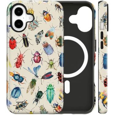 Imagem de flewfun Capa magnética para iPhone 16 capa de telefone com besouro fofo, arte de insetos, à prova de choque, fina TPU e capa protetora de policarbonato rígido compatível com MagSafe presente para