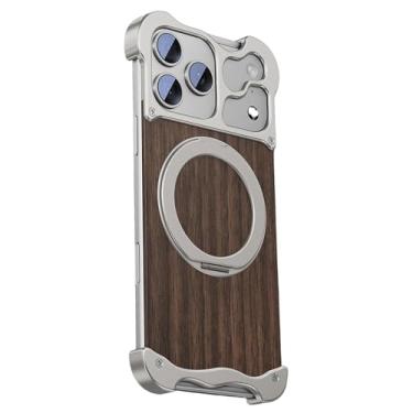 Imagem de HUHUCASE Capa de madeira de nogueira de formato irregular para iPhone 17 Pro Max, com suporte giratório magnético de metal de 360° e proteção contra quedas de airbag de quatro cantos (iPhone15promax