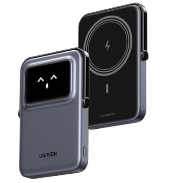 Imagem de UGREEN Bateria magnética Uno Magsafe Power Bank 5000mAh 20W carregador portátil de carregamento rápido com suporte dobrável Emoji TFT Display Powerbank para iPhone 16 Pro Max/15 Plus/14/13/12, preto