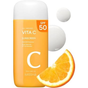 Imagem de MISSHA Protetor solar All Around Vita C FPS 50/2,36 Fl Oz - Protetor solar coreano para rosto com vitamina C para um tom uniforme, leve, não pegajoso, controle de sebo