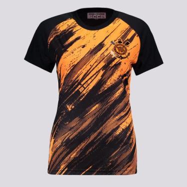Imagem de Camisa Corinthians Rajados Feminina Preta e Laranja - Bomache, GG