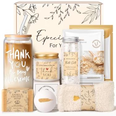 Imagem de Cesta de presente de spa Thank You para mulheres, presentes de agradecimento de funcionários para colegas de trabalho, caixa de presente relaxante de autocuidado com copo de vidro de agradecimento