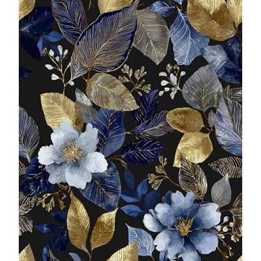 Imagem de Laatse Papel de parede floral azul marinho folha dourada papel de contato 44,5 cm × 299,7 cm vinil impermeável autoadesivo luxo vintage flor escura papel de parede para quarto paredes armário armário