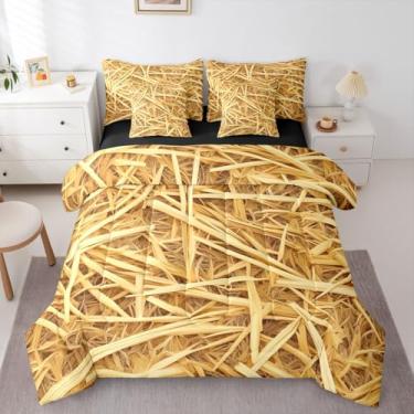 Imagem de Erosebridal Conjunto de cama Queen de palha de 7 peças, casa de fazenda ocidental, conjunto de edredom com tema caubói, palheiro de feno com 2 fronhas, 2 fronhas