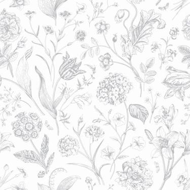 Imagem de VEELIKE Sketch Papel de parede floral cinza para descascar e colar papel de parede vintage para quarto de berçário 40 x 38 cm, papel de parede com flores botânicas removíveis, papel de contato