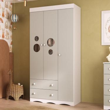 Imagem de Guarda-roupa Infantil 92cm Com Vidro 3 Portas E 2 Gavetas Sonho Multimóveis MP4472 Branco-off White