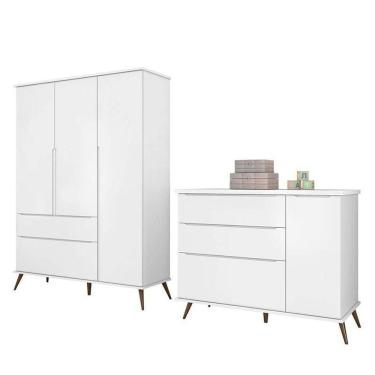 Imagem de Jogo De Quarto Infantil Retrô Alice Guarda Roupa E Cômoda Com Porta Branco - Pr Baby Branco