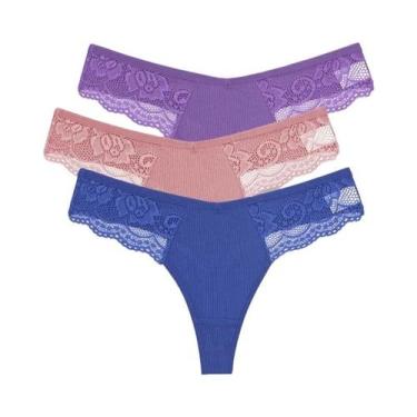 Imagem de Conjunto De 3 Calcinhas G-string De Algodão Com Renda Para Mulheres S-