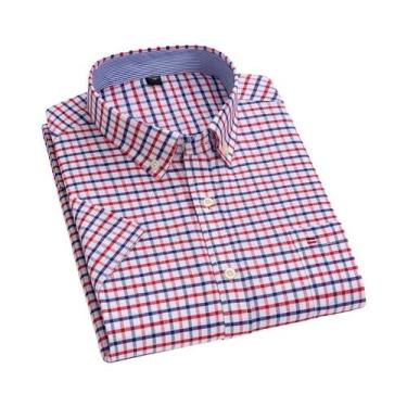 Imagem de Camisa Oxford Masculina 100% Algodão Xadrez Manga Curta Corte Regular 