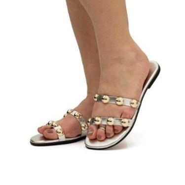 Imagem de Sandália Feminina Rasteirinha Flat Flatform Rasteira Enfeite Metal Brilho-Feminino