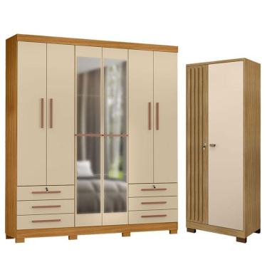 Imagem de Guarda Roupa Casal Londres Com Espelho E Armário Multiuso Versatile Carvalho Americano Off White - Incorplac