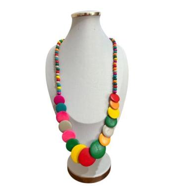 Imagem de Colar Maxi Colorido Amadeirado Feminino Elegante Sofisticado - MLBpel,