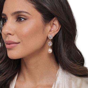 Imagem de Brinco Feminino Pérola Strass Dourado Elegante Festa Luxo