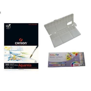 Imagem de Kit Papel Canson Aquarela + Aquarela Pentel 24 Cores WFRS + Godê Sinoa