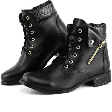Imagem de Bota Coturno Feminino Cano Curto Ajuste Cadarço Detalhe Ziper Lateral 