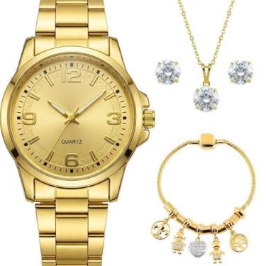 Imagem de relogio banhado feminino aço inox + colar brincos + pulseira strass de